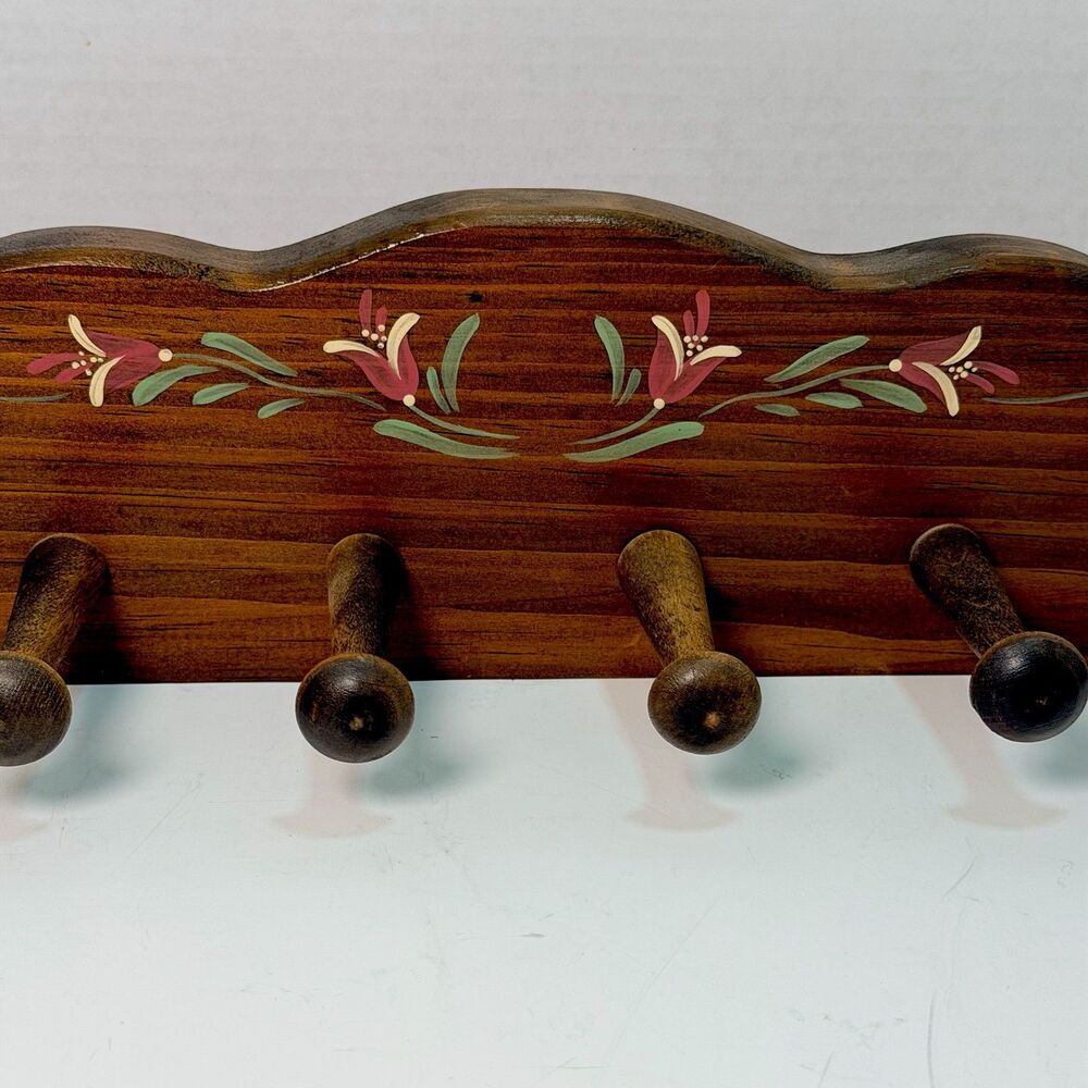 Vintage Wood Wall 6 Peg Rack Key Coat Holder Folk Art Hand Painted Sturdy 15 “